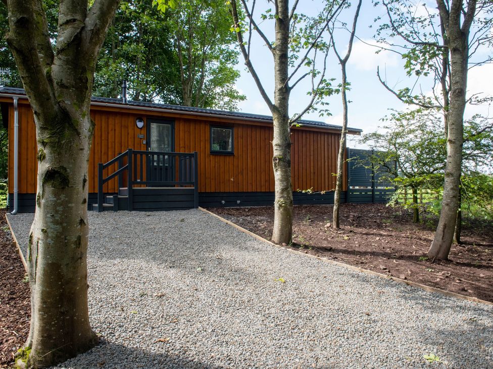A wooden lodge with a gravel pathway and surrounding trees at Nethermill Lodges in Port Glasgow