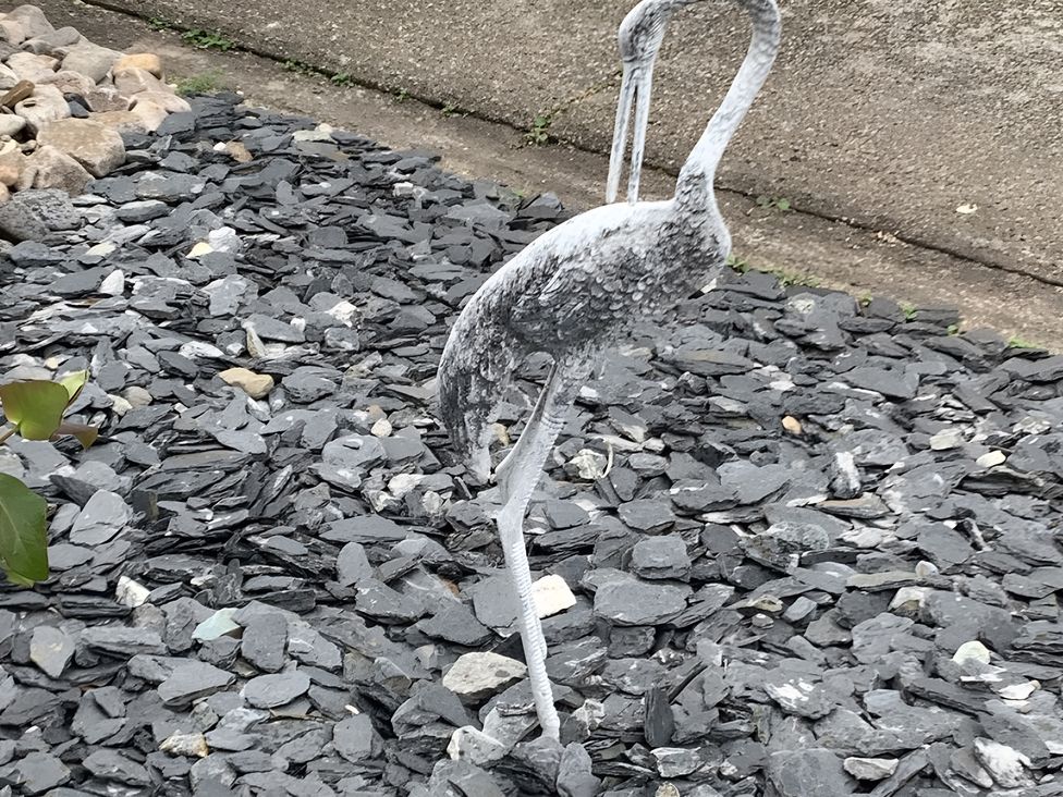 A flamingo sculpture among landscaping rocks at Zen Cottage in Buckie