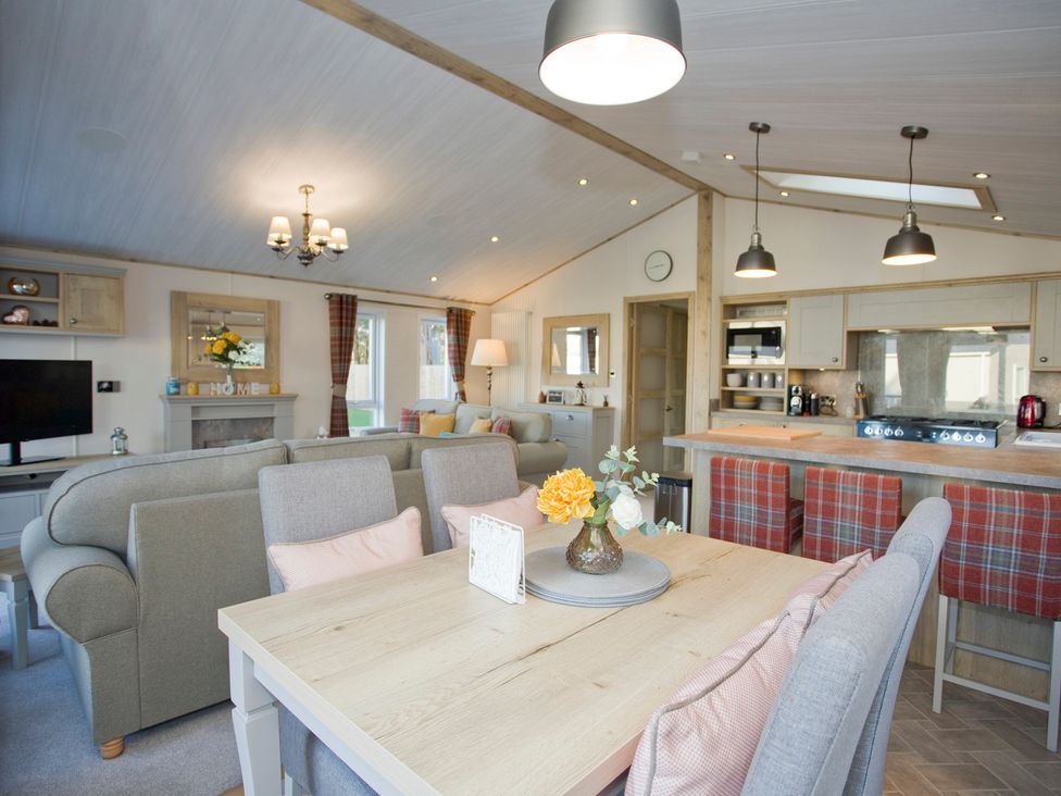 A living room with a sofa and kitchen area at Orchid 9 Christchurch