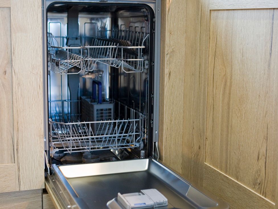 A dishwasher showing an open door with racks at Orchid 9 Christchurch