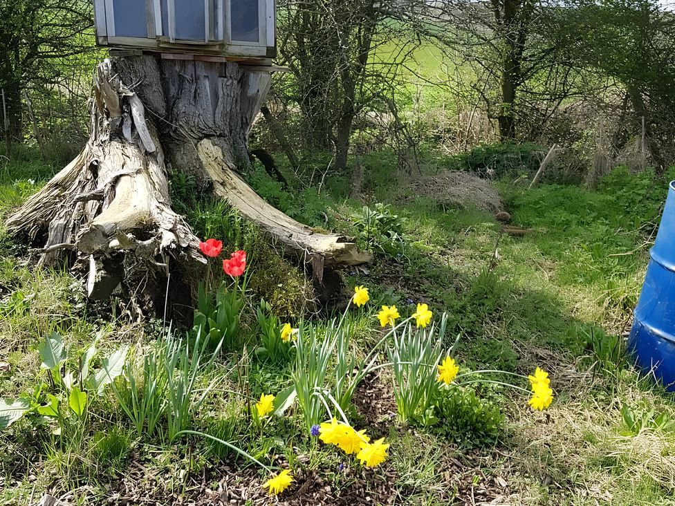 A tree stump with flowers in a garden at Cosy Escape in Sheerness
