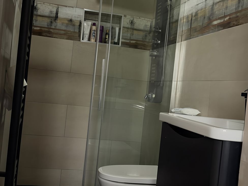 A bathroom with a shower and toilet at Cherry Chirp Cottage Enniskillen