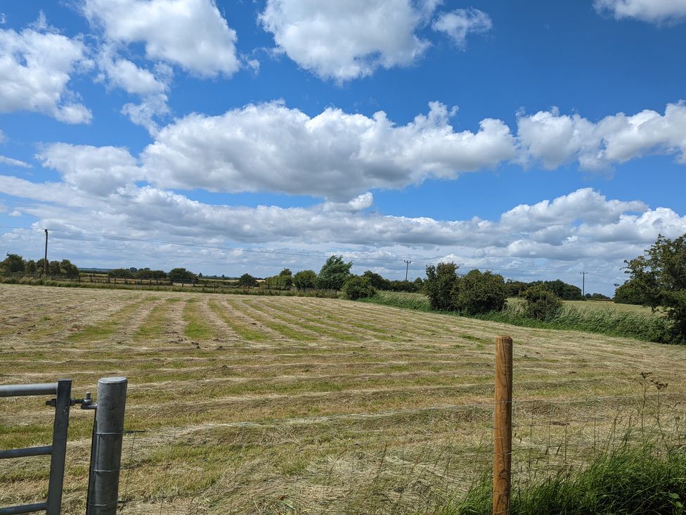 A field with a gate and trees at Birdsong lodge near Hawthorn Farm Sutton-On-Sea
