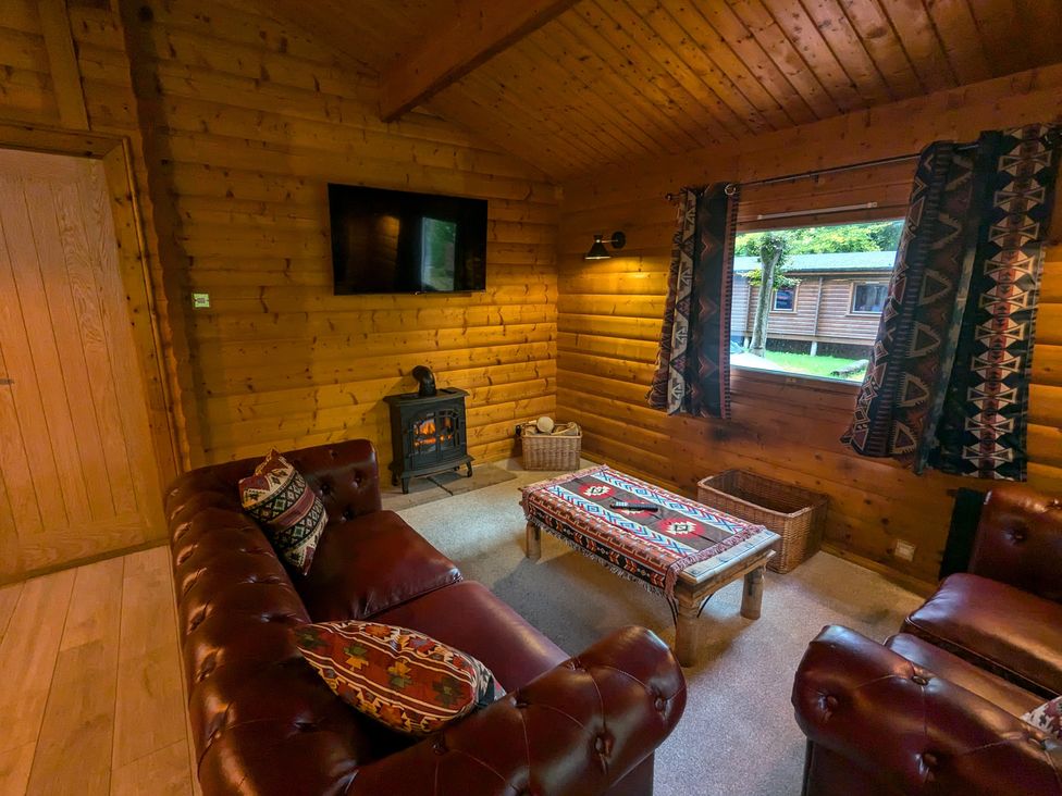 A living room with a fireplace and sofa at Pineshadow Lodge in Louth