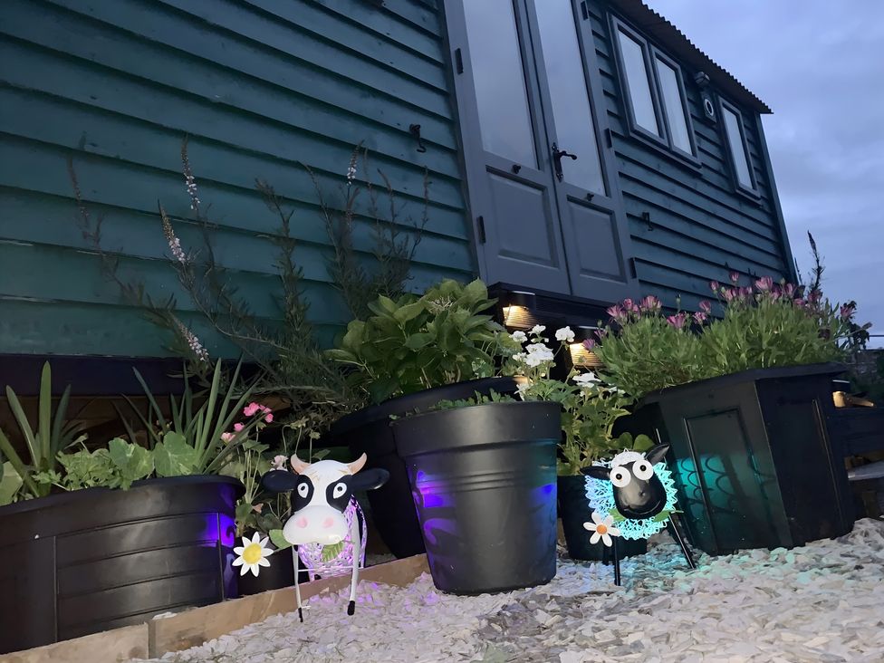 An outdoor garden with flower pots and decorations at Bluebell Shepherd’s Hut in Llanfairpwllgwyngyll