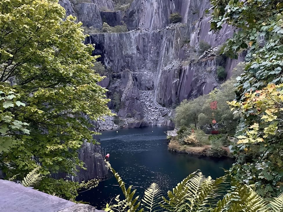 A quarry with water and rocks surrounded by trees at Bluebell Shepherd’s Hut in Llanfairpwllgwyngyll