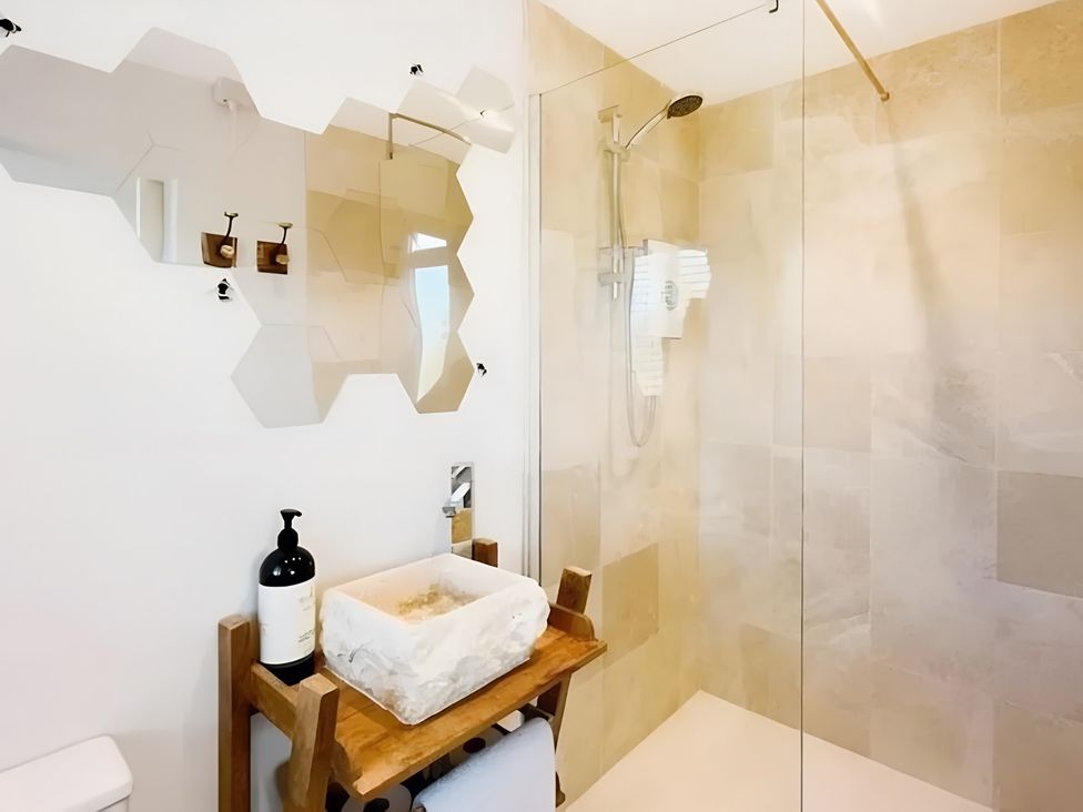 A bathroom with a shower and wash basin at Honey Bee Cottage in Welshpool