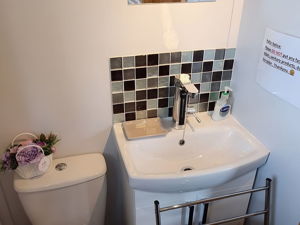A bathroom with a toilet and sink at Shepherds hut, Dumfries