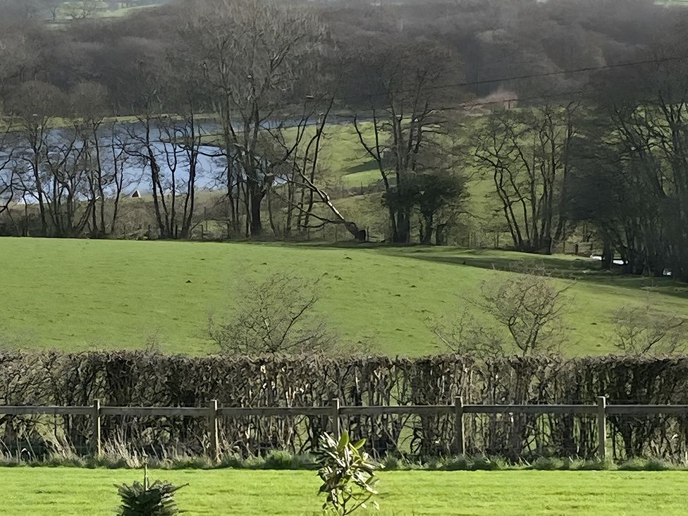 A view of a lake and fields with trees at Shepherds hut in Dumfries