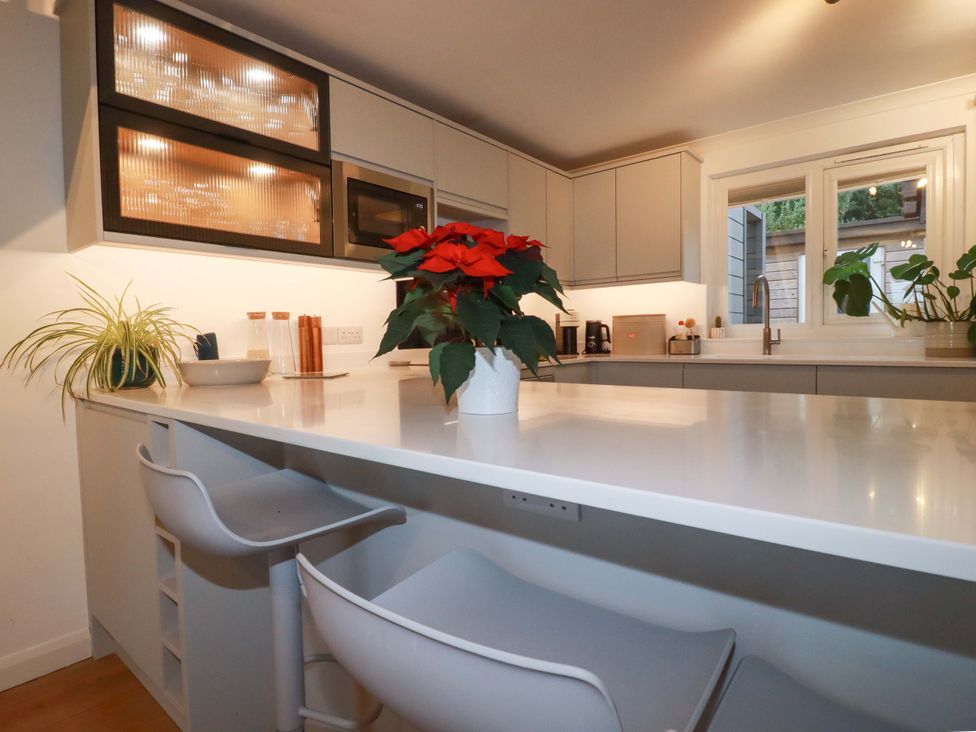 A kitchen with a countertop and plants at Poldreth in Truro