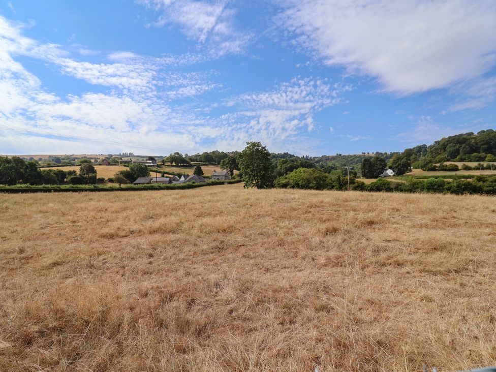 A field with trees and houses in the distance at Araelfa in Llangollen