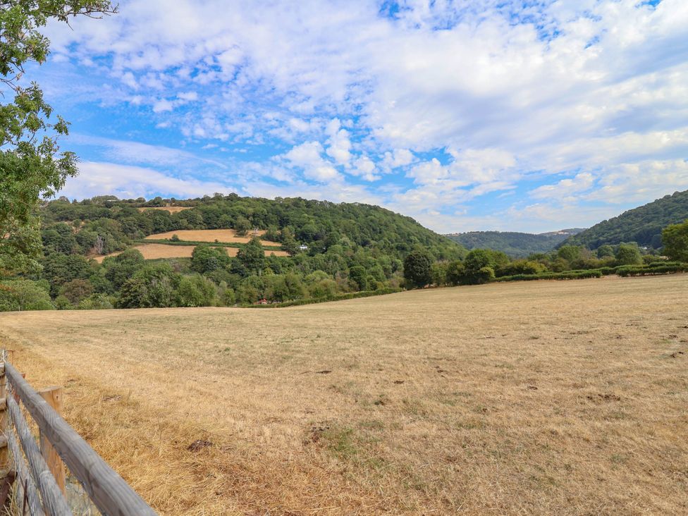 A field with trees and hills in the background at Araelfa, Llangollen