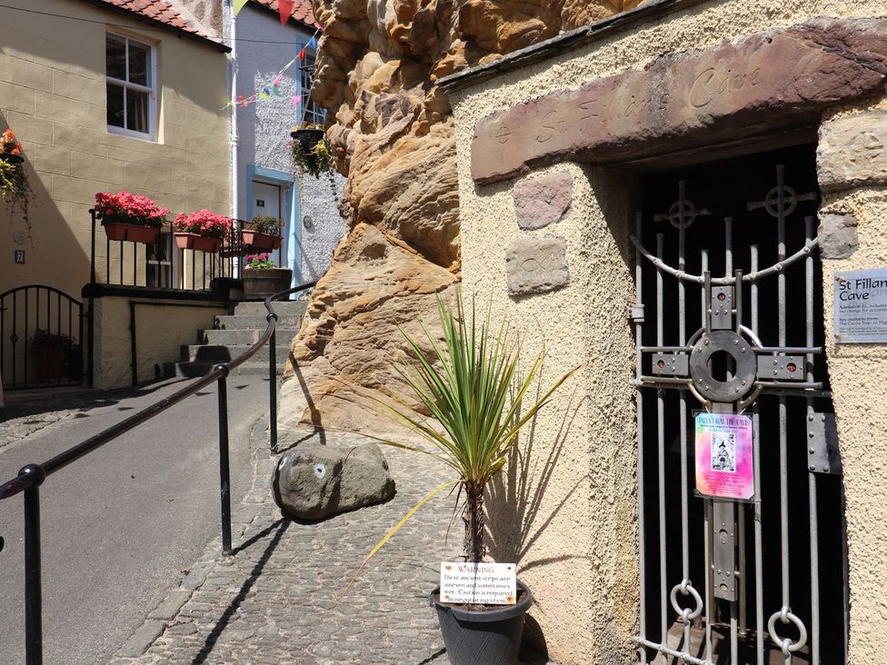 An outdoor view of St Fillan's Cave entrance in Anstruther