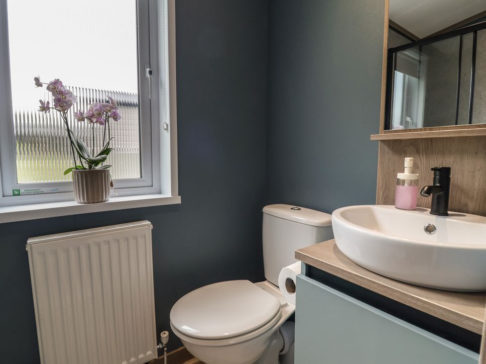 A bathroom with a toilet, sink and window at Cedar Lodge 2 Bedrooms, Delamere