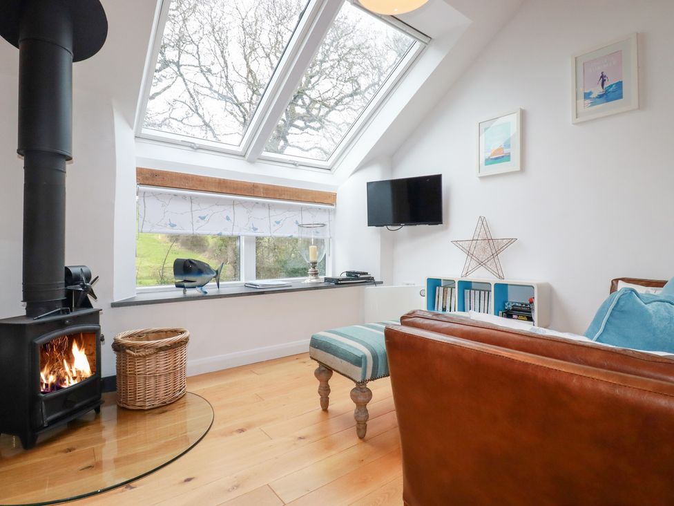 A living room with a wood stove and a television at Meadow View in Bude