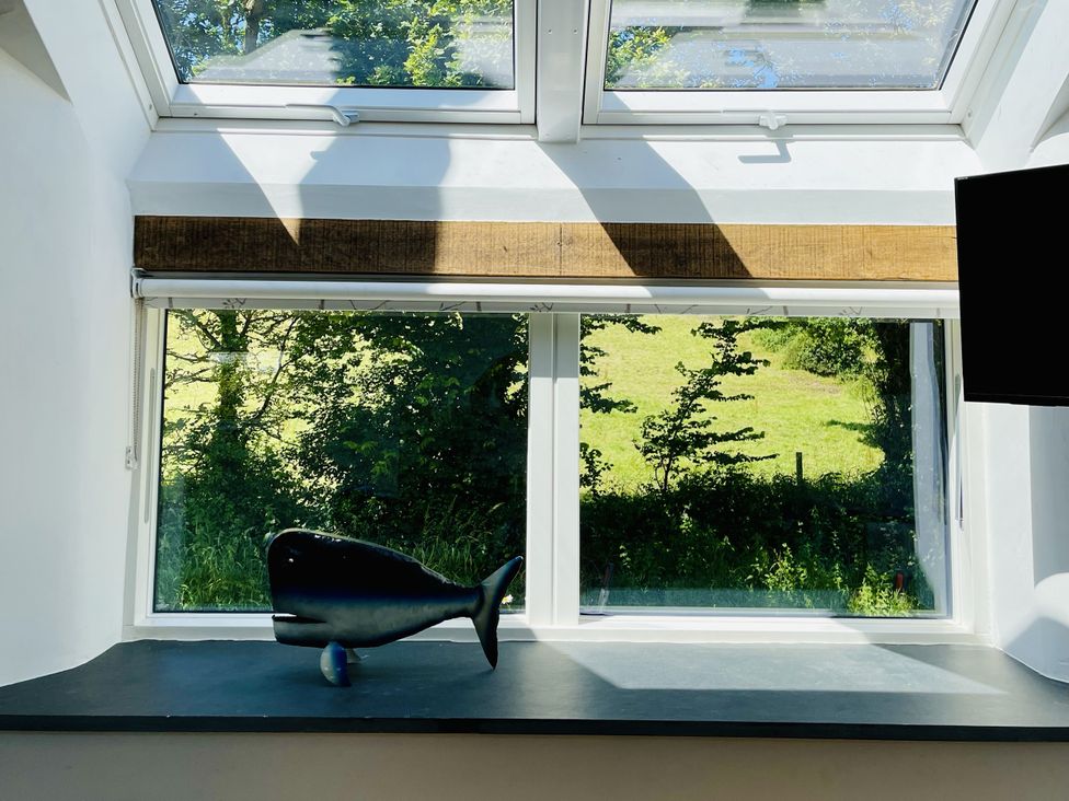 A window with a whale decoration and a view of the countryside at Meadow View Widemouth Bay