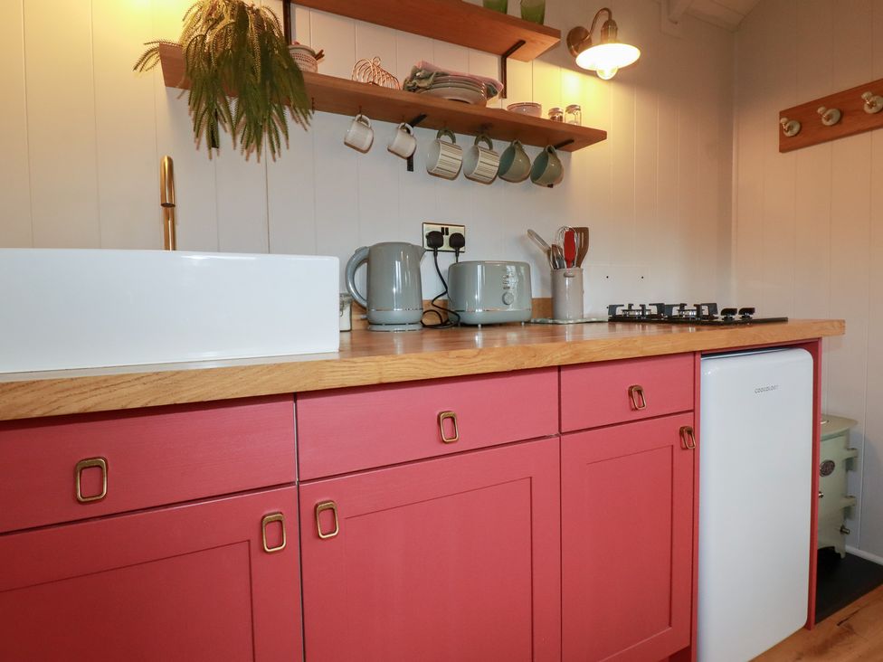 A kitchen with a sink, countertop, and appliances at Bryar in Bude