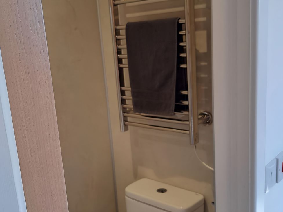 A bathroom with a toilet and a towel warmer at The Posh Bothy 2 in Roy Bridge