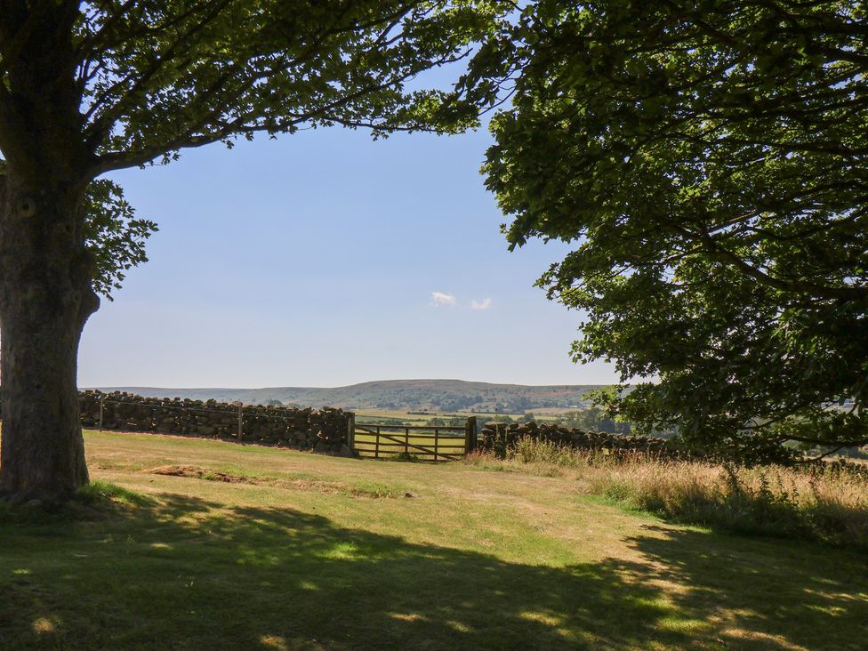 A view of a field with a gate and trees at 4 Lilac Cottages in Ainthorpe