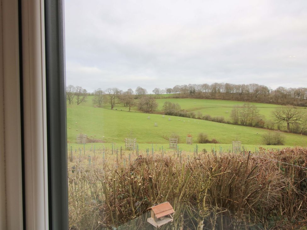 A view of a green field with trees and hills at 5 Hillview Lodges Cleobury Mortimer
