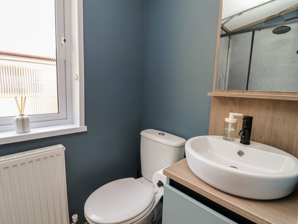 A bathroom with a toilet and vanity sink at No.11 - Cedar Lodge in Delamere