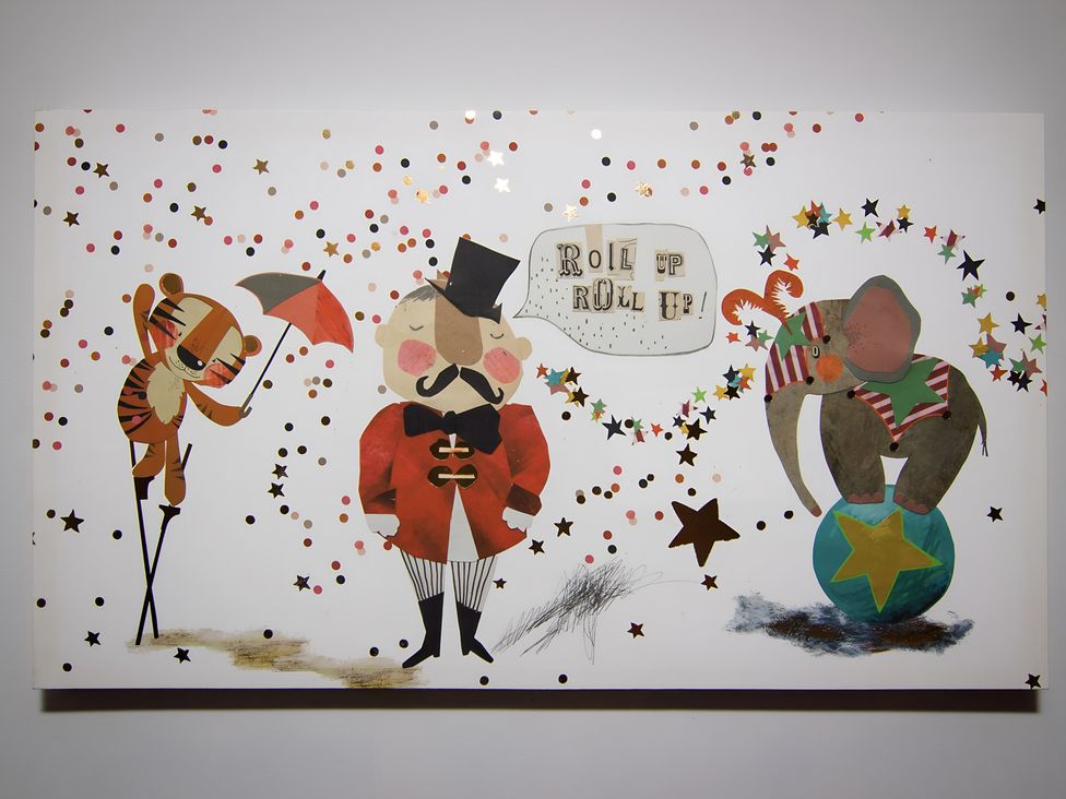 A circus-themed illustration with a tiger, a ringmaster, and an elephant at Apartment 1 in Blackpool