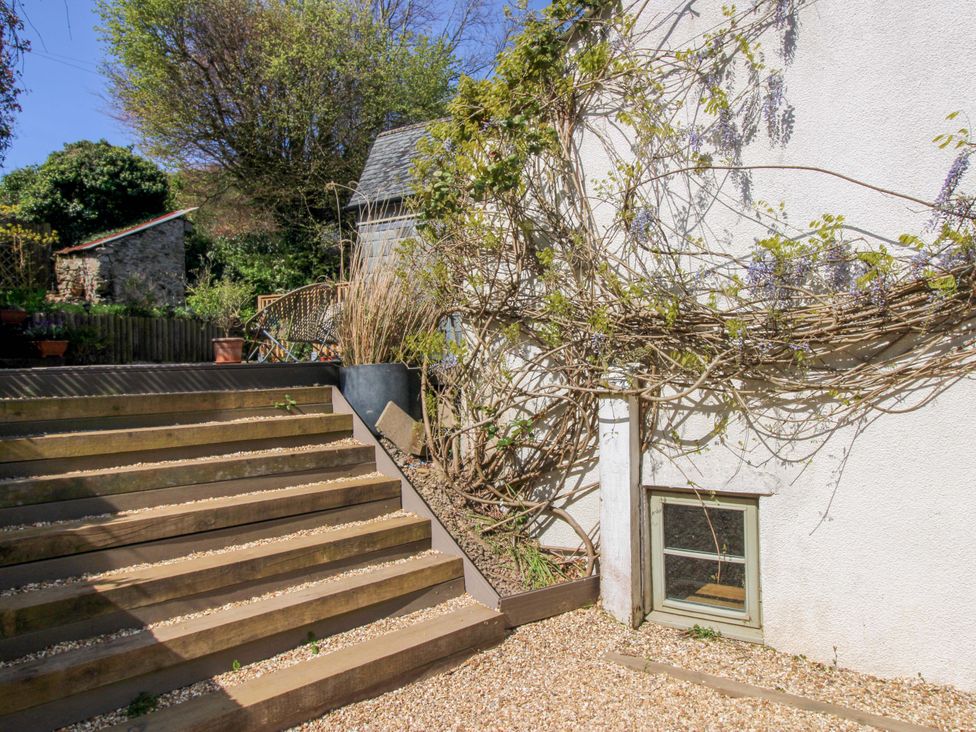 A garden with a staircase and plants at Park Cottage in Kingston, Kingsbridge
