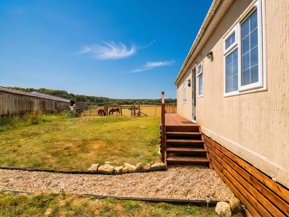 An outdoor area with a house and horses in a field at Cabin In The Woods Silverstone