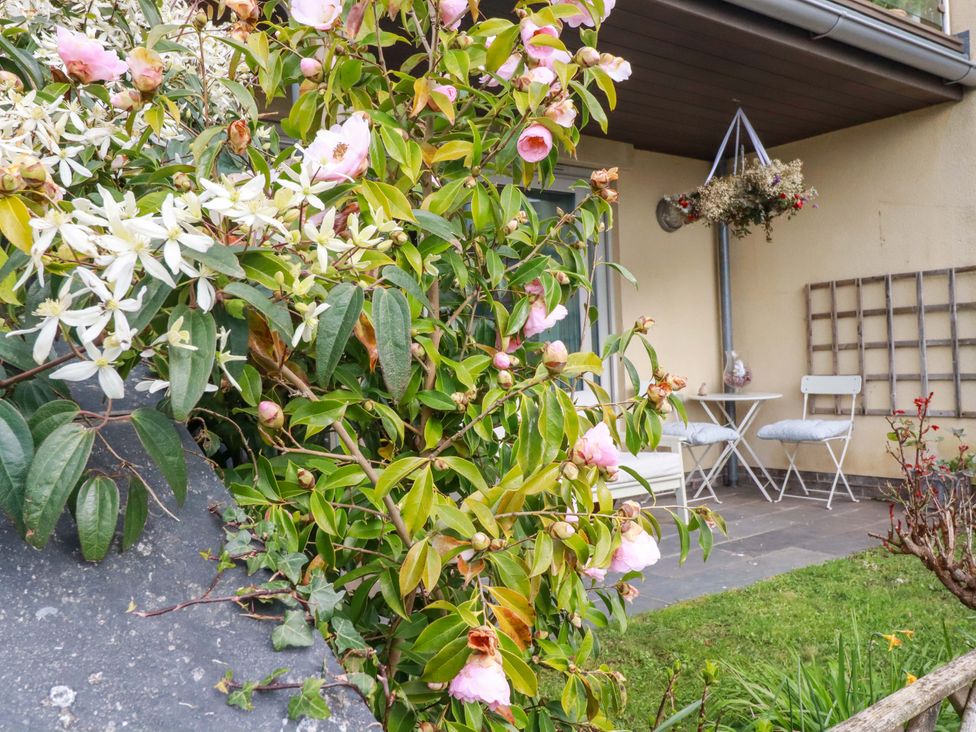 A garden with flowers and a table with chairs at 2 Morweth View Torpoint