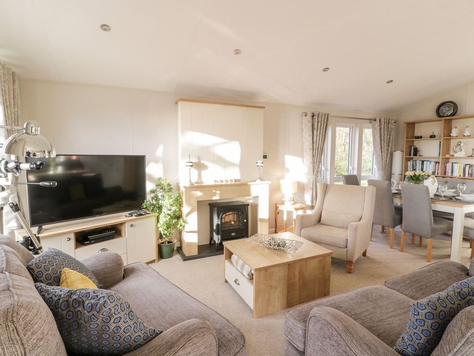 A living room with a television and fireplace at Serenity Lodge in Wemyss Bay