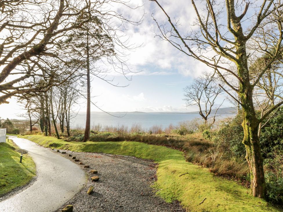 A pathway lined with trees leading to the sea at Serenity Lodge in Wemyss Bay