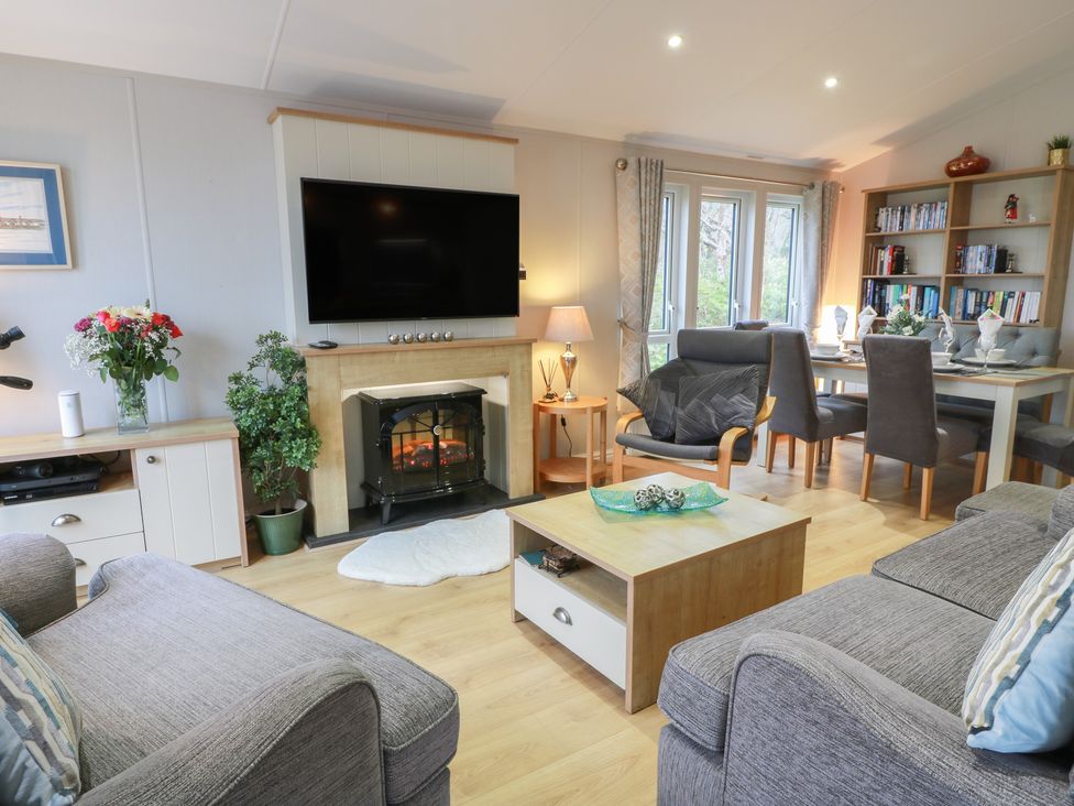 A living room with a television and fireplace at Serenity Lodge in Wemyss Bay