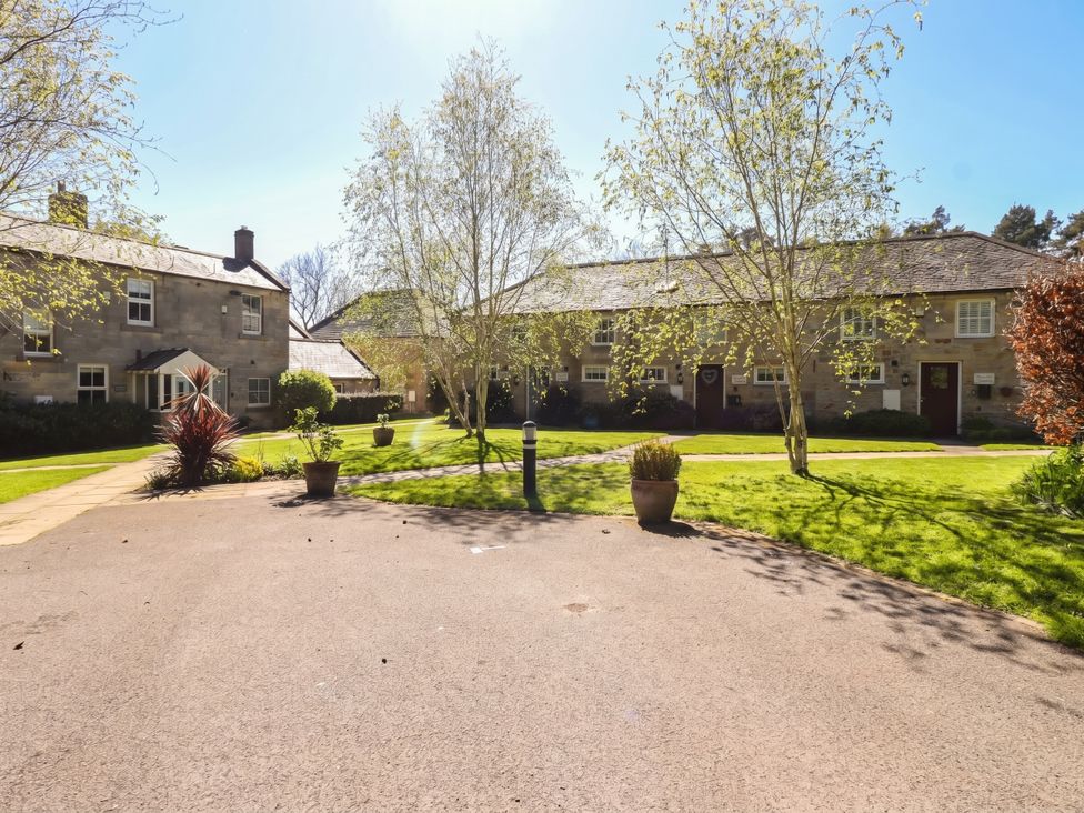 An outdoor area with buildings and trees at Snowdrop Cottage near Warkworth