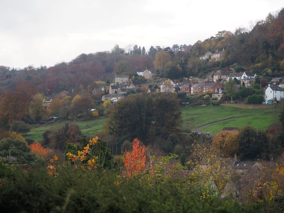 A view of houses and trees on a hillside at Golden Valley View, Stroud