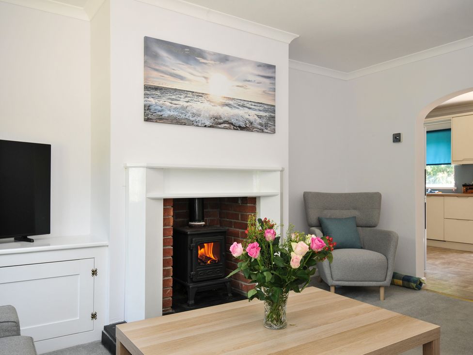 A living room with a fireplace and a television at Jazmine in Dacre
