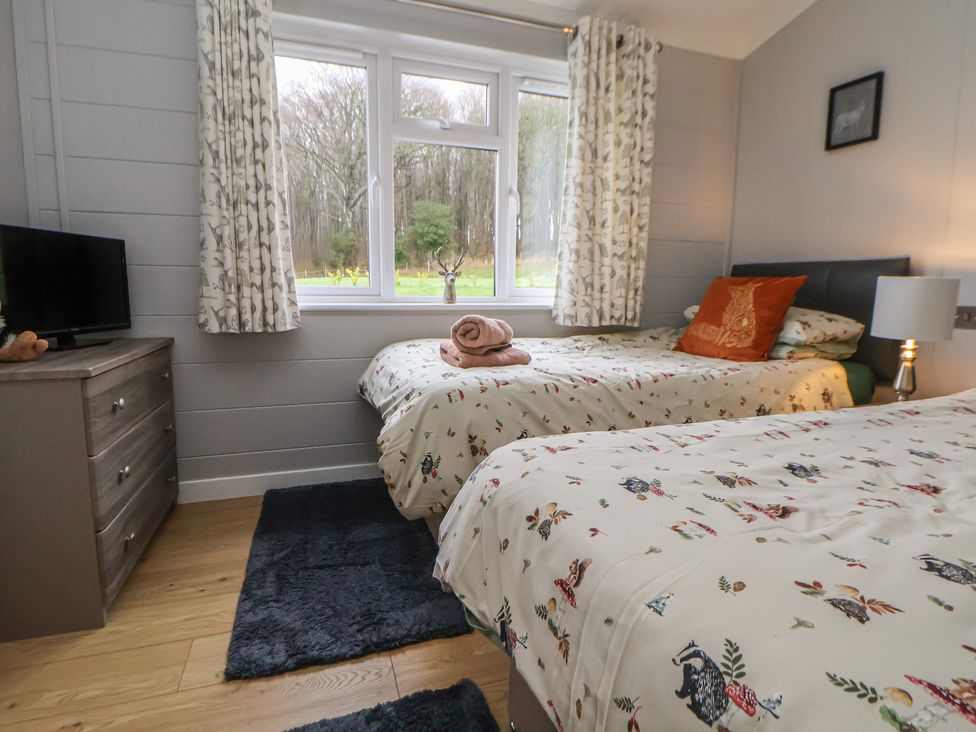 A bedroom with two beds and a television at Holly Lodge, Lloc near Caerwys