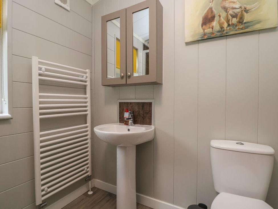 A bathroom with a sink, toilet, and radiator at Pine Lodge Lloc near Caerwys