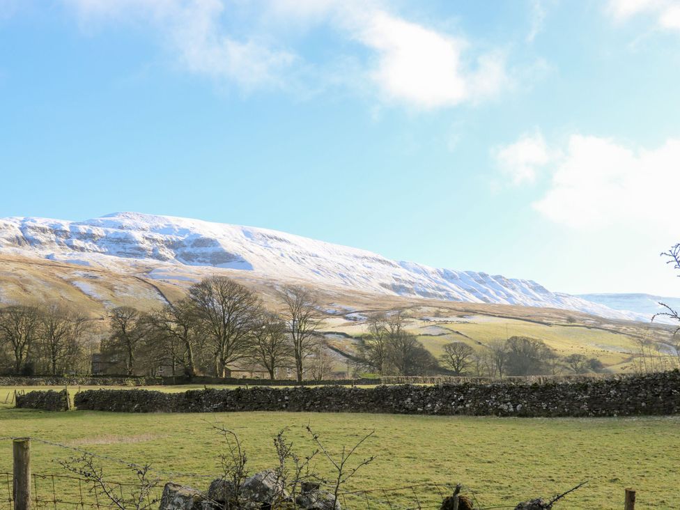 A landscape with a mountain and trees at Cowside Farm in Settle