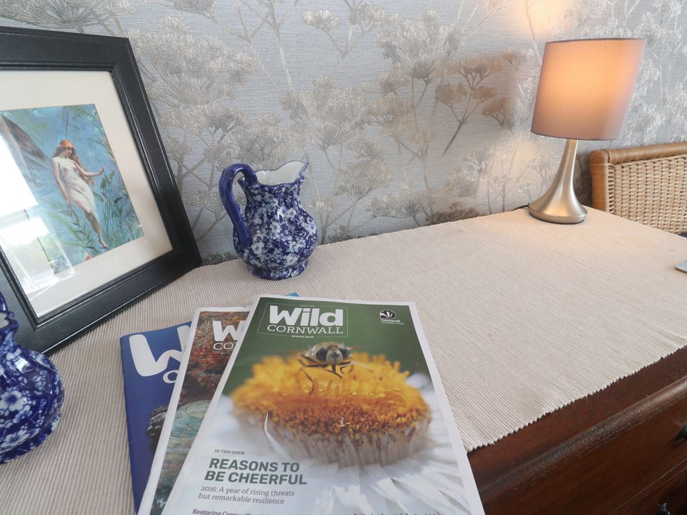 A table with magazines, a jug, and a lamp at Halwyn Farm, Helston