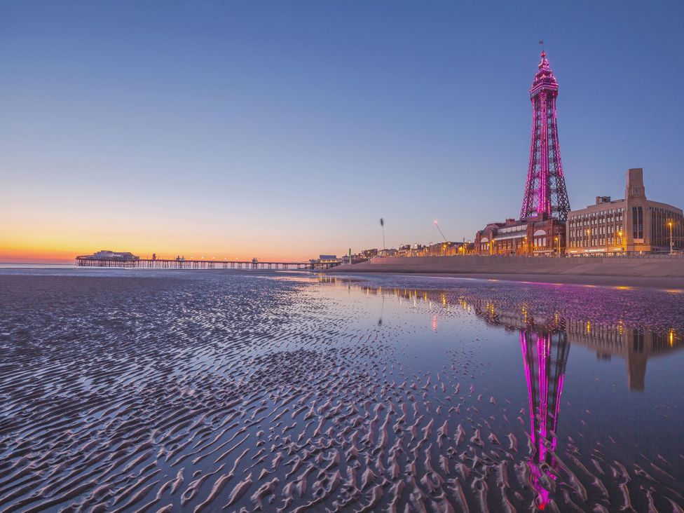 View of Blackpool Tower and pier during sunset at Number 8 Blackpool