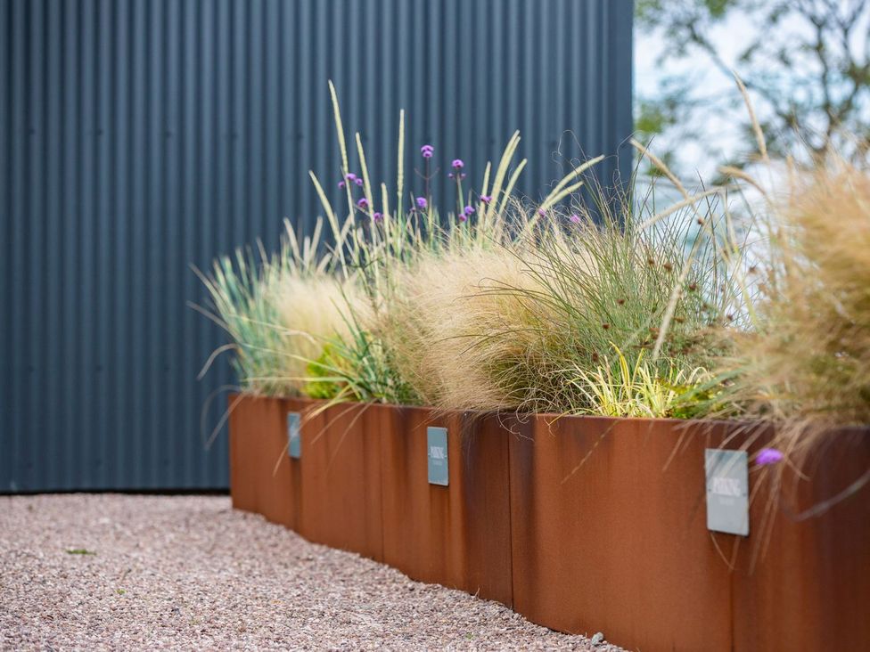 A garden with planters containing grass and flowers at Bell House in Llanfechell