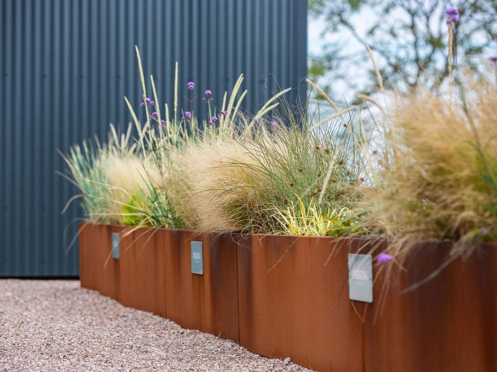 A garden with planters containing grass and flowers at Bell House in Llanfechell