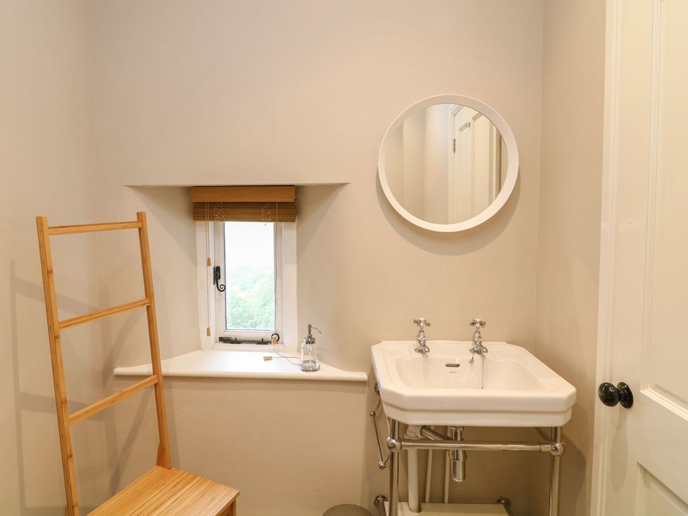 A bathroom with a sink, mirror, and wooden ladder at School House in Ivybridge