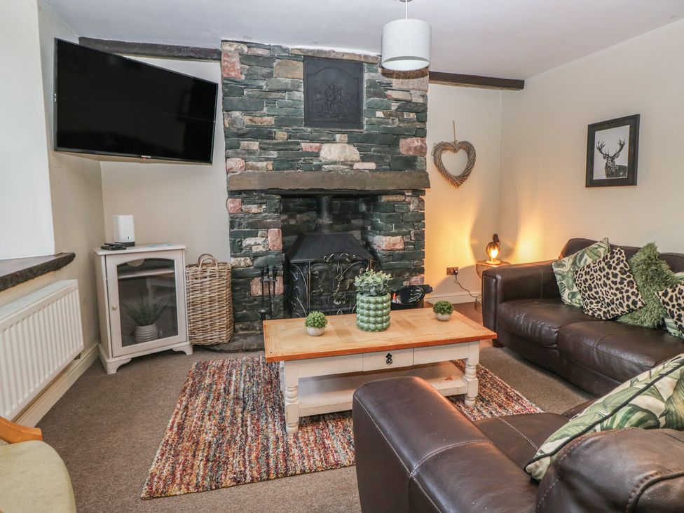 A living room with a fireplace and television at Birkbank Farm in Cockermouth