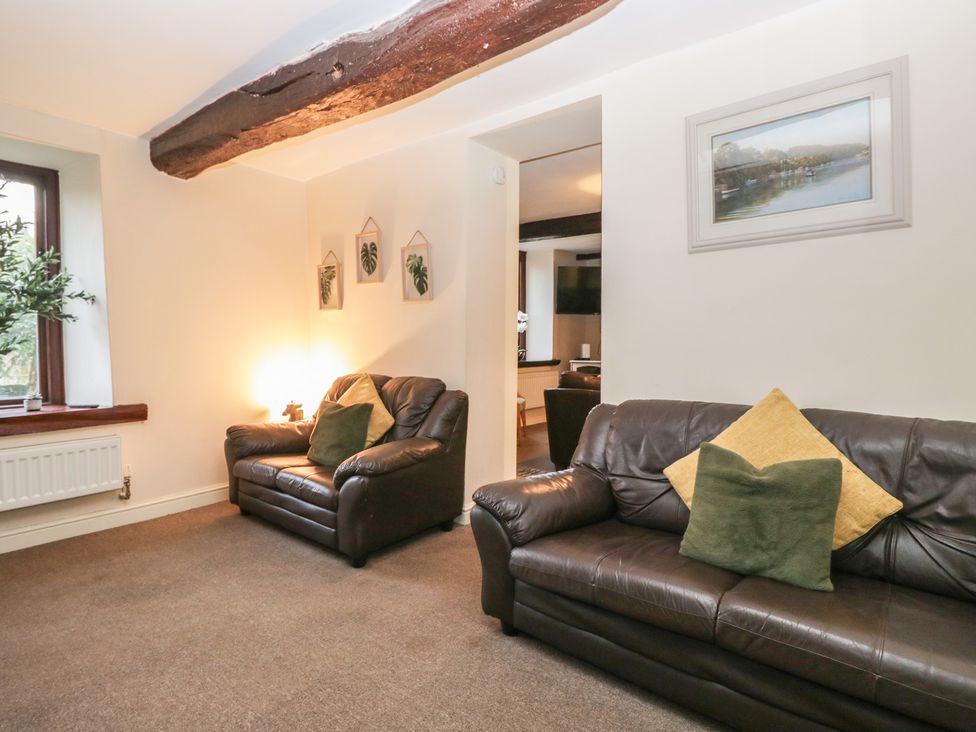 A living room with sofas and a plant at Birkbank Farm Cockermouth