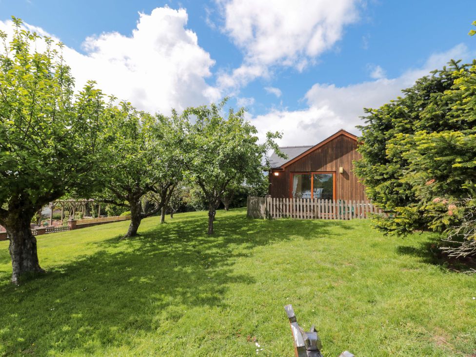 A garden with trees and a wooden house at Orchard Cottage in Ledbury