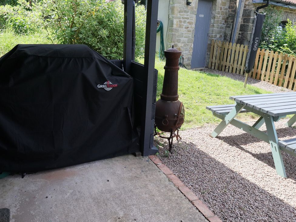 A garden with a barbecue grill and picnic table at Horse Gin in Parkend