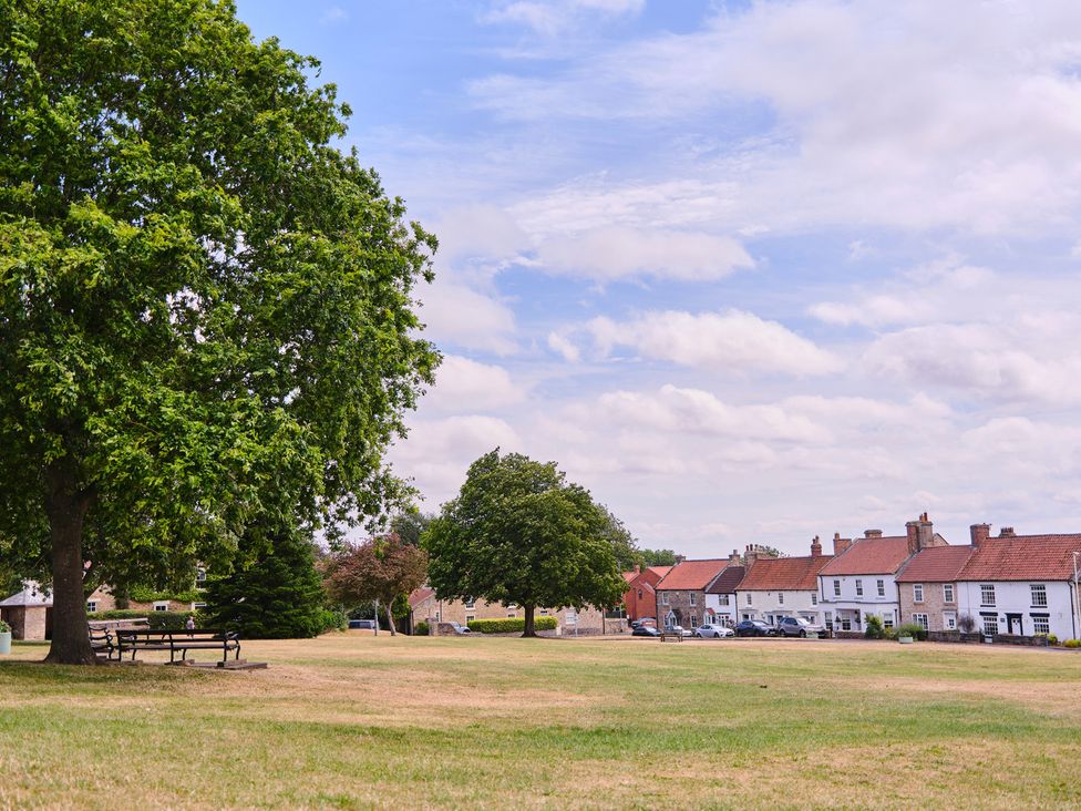 A park with trees and houses in the background at 27 West Green in Heighington