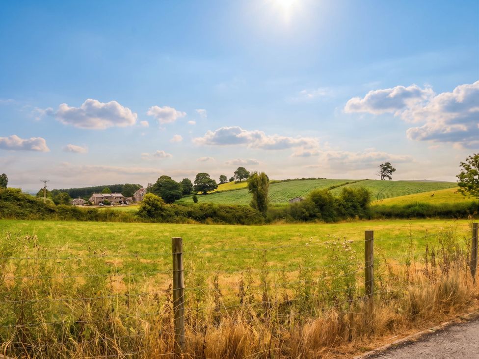 A field with trees and a house in the background at The Spinney near Milnthorpe