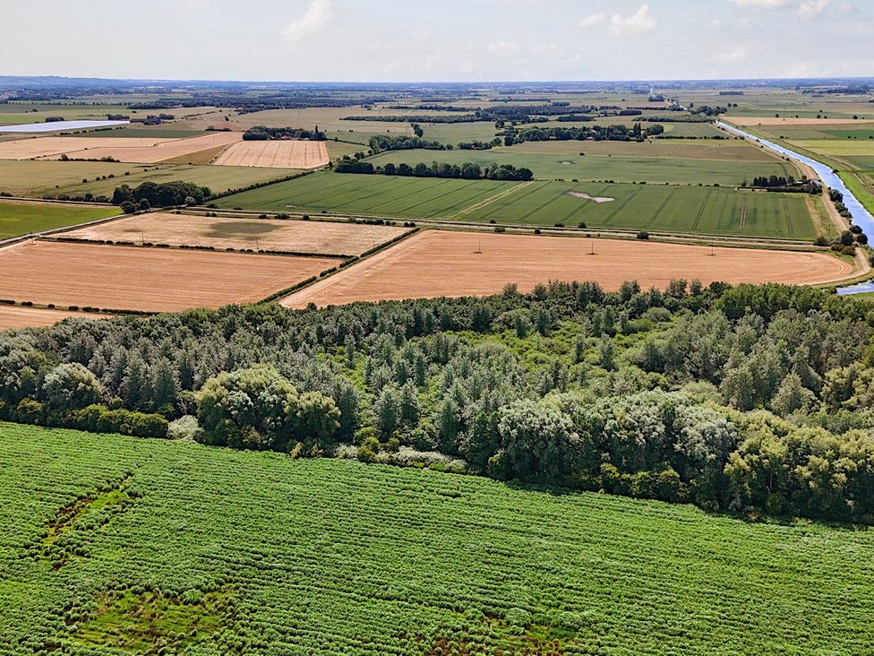 An aerial view of farmland and trees near a river